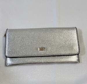 DKNY Silver Metallic Saffiano Leather Slim Flap Wallet